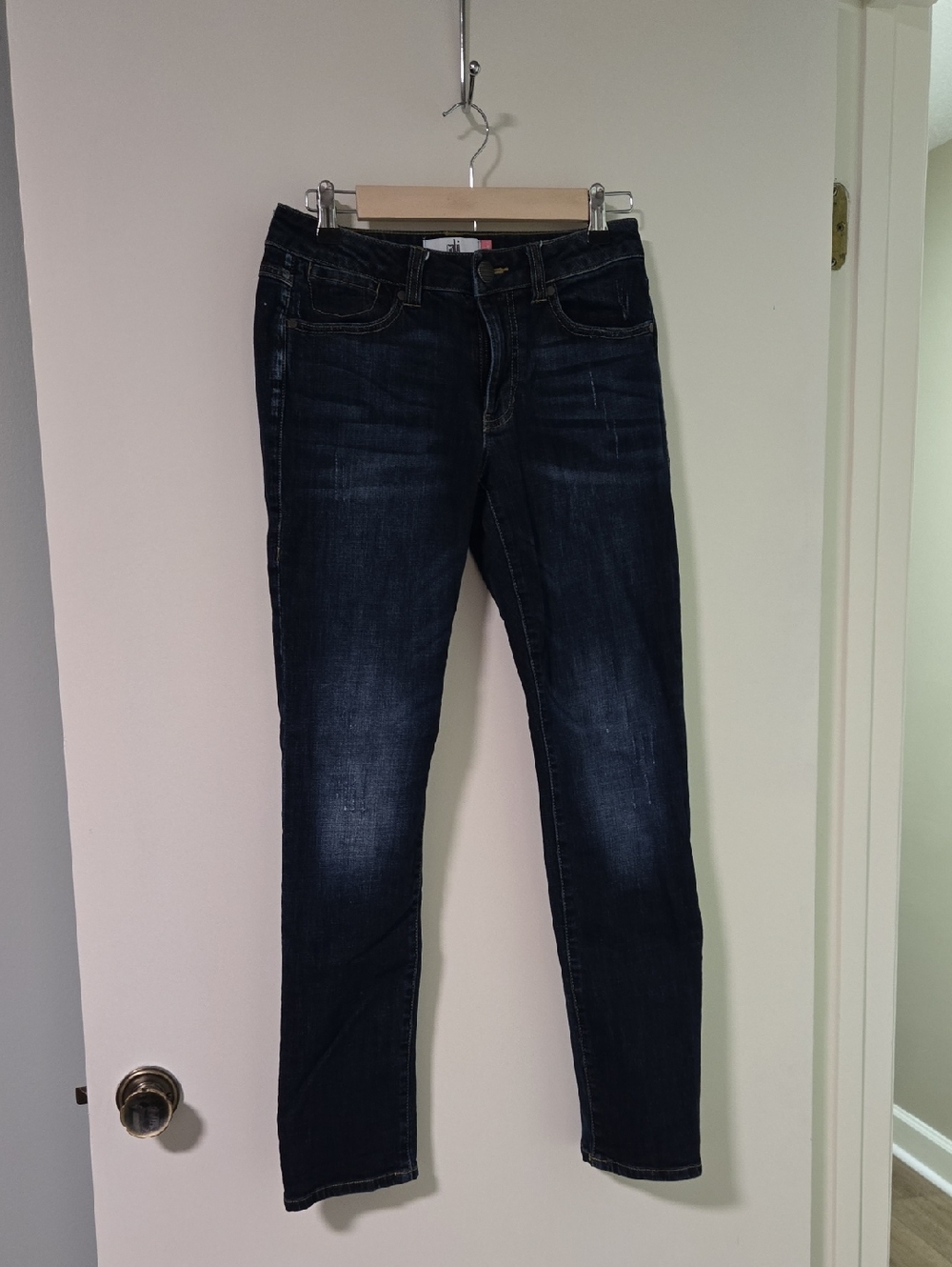 CAbi High Straight Jeans - Dark Blue with Gold Stitching